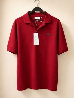 Lacoste Men's Red Short-Sleeve Polo with Green Logo